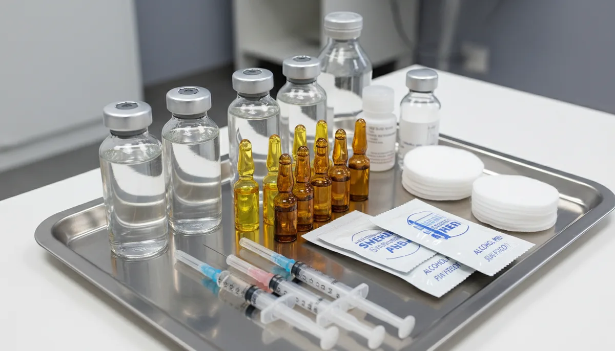 Флаконы с инфузионными растворами, ампулы витаминов, шприцы, стерильные салфетки на медицинском лотке
