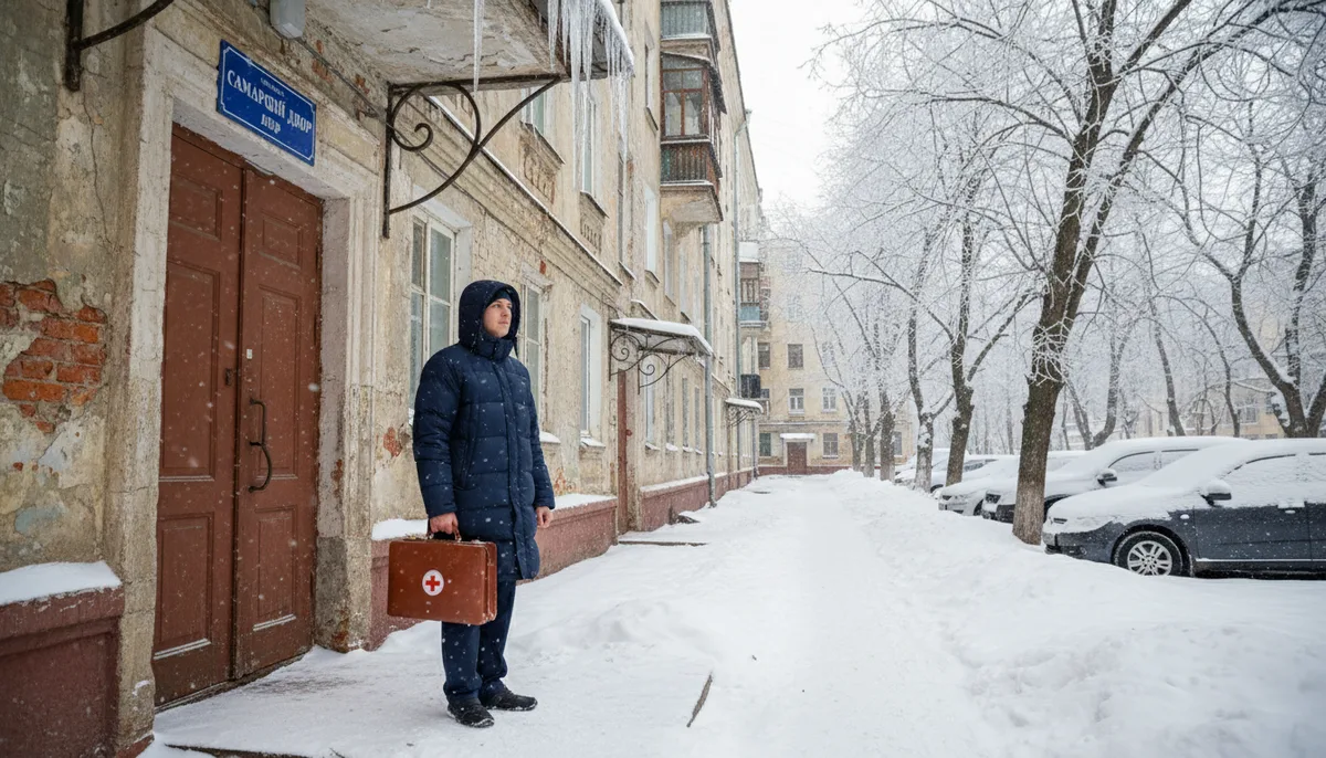 Врач с медицинским чемоданом у двери жилого дома, зимний самарский двор