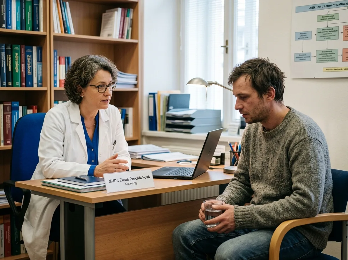 Врач нарколог на приёме в медицинском кабинете беседует с пациентом