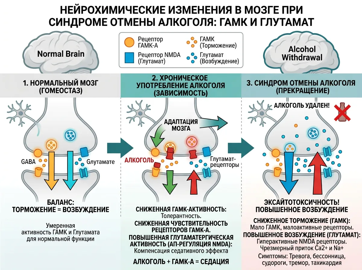 Схема нейрохимических изменений в мозге при синдроме отмены алкоголя: ГАМК и глутамат