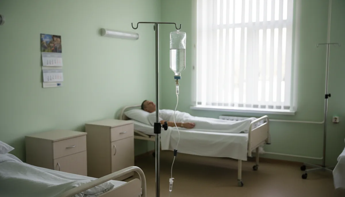 медицинская капельница, инфузионная стойка, палата наркологического стационара, прозрачный раствор