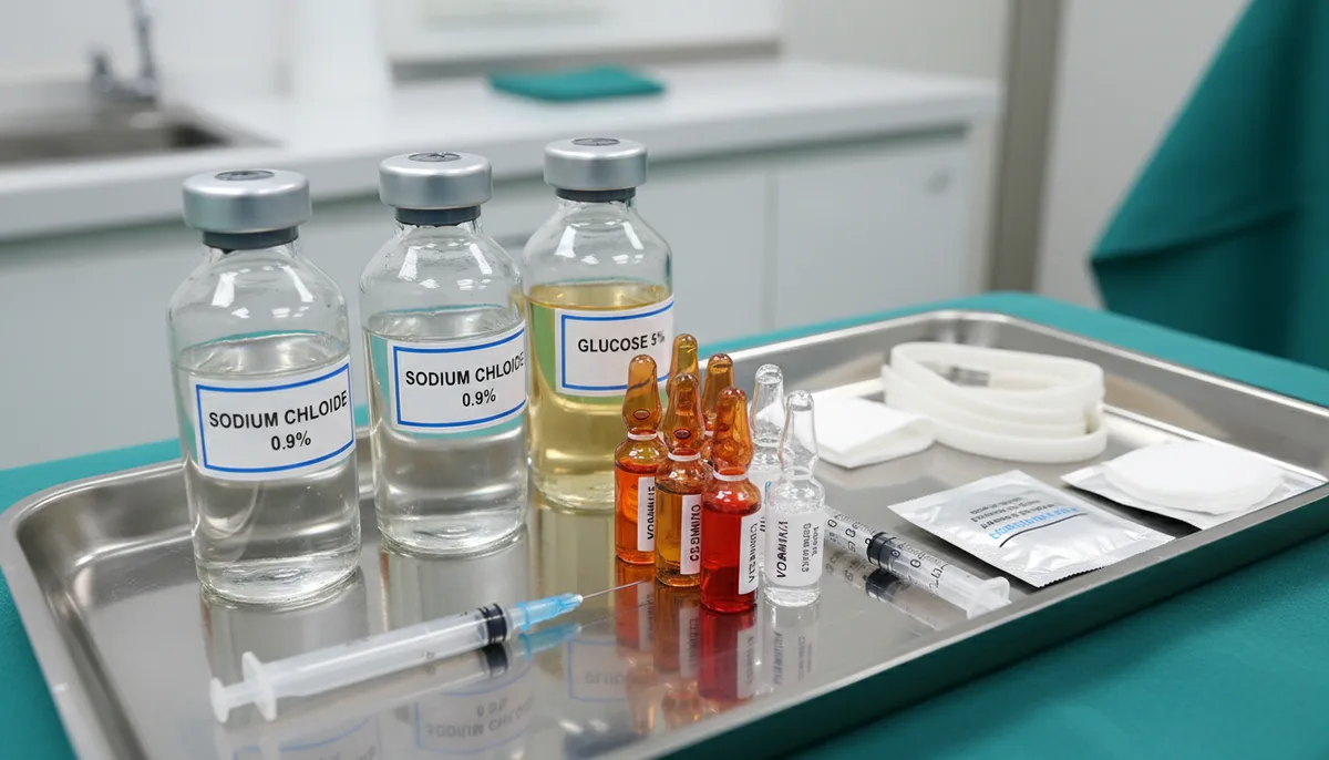 флаконы инфузионных растворов, ампулы витаминов, шприцы, медицинский лоток